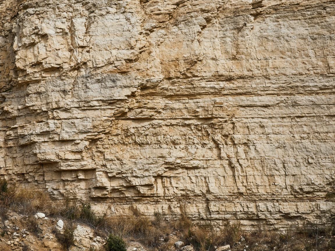Hohe helle Kalkfelswand mit sichtbaren Schichten im Altmühltal
